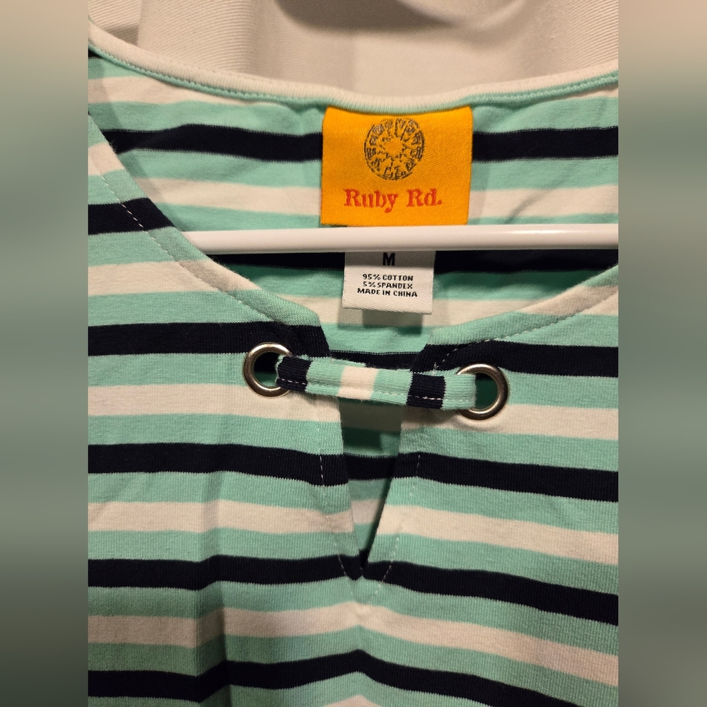 NWOT Women's Ruby Rd Striped Bell Sleeve Top Teal Black White Size Medium - Picture 5 of 10
